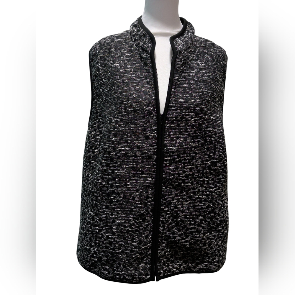 New CJ Banks Golden Thread Black &  White Tweeted Polka Dot Vest
